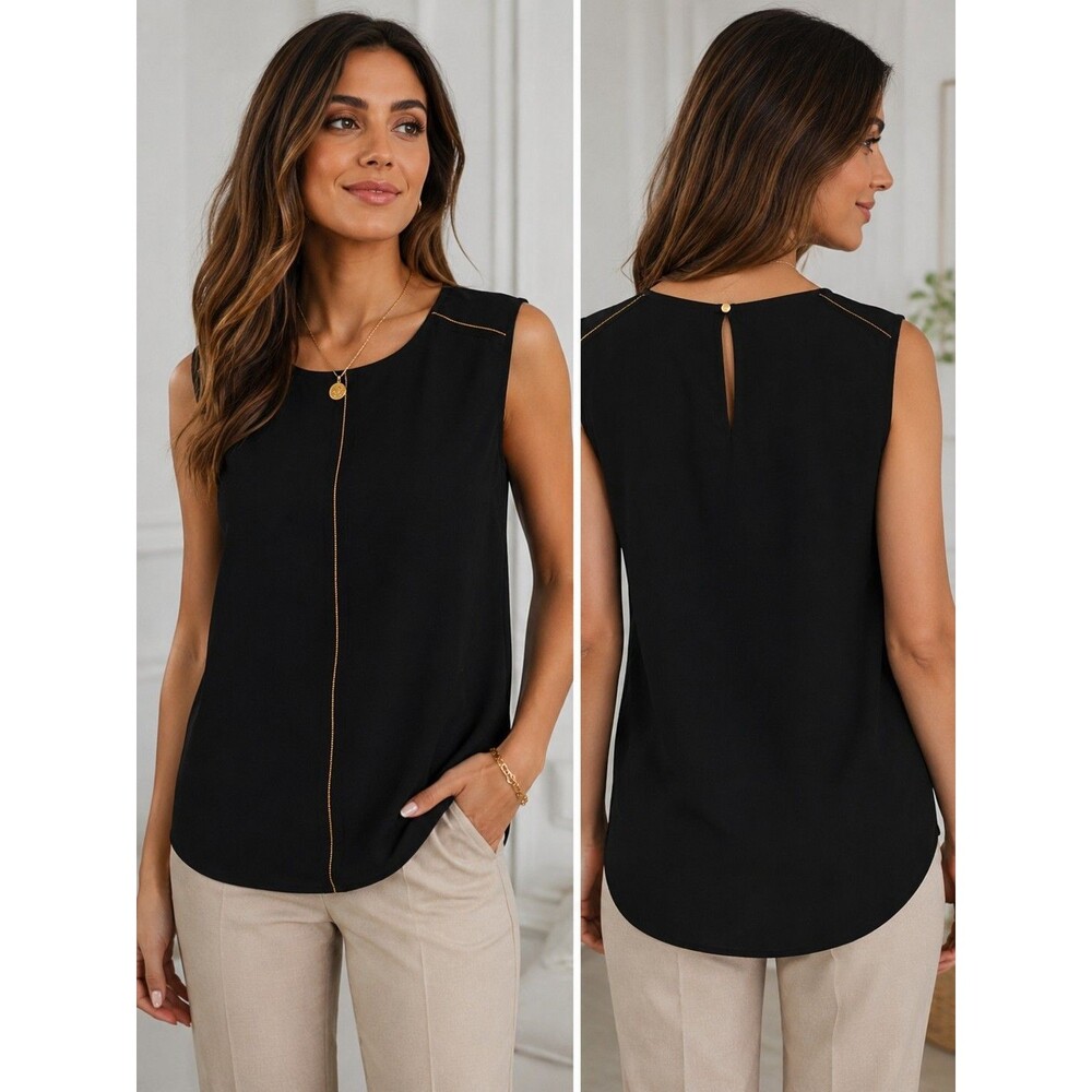 Ellen Tracy Black Sleeveless Blouse Gold Beaded Trim Sheer Layer Career Top S